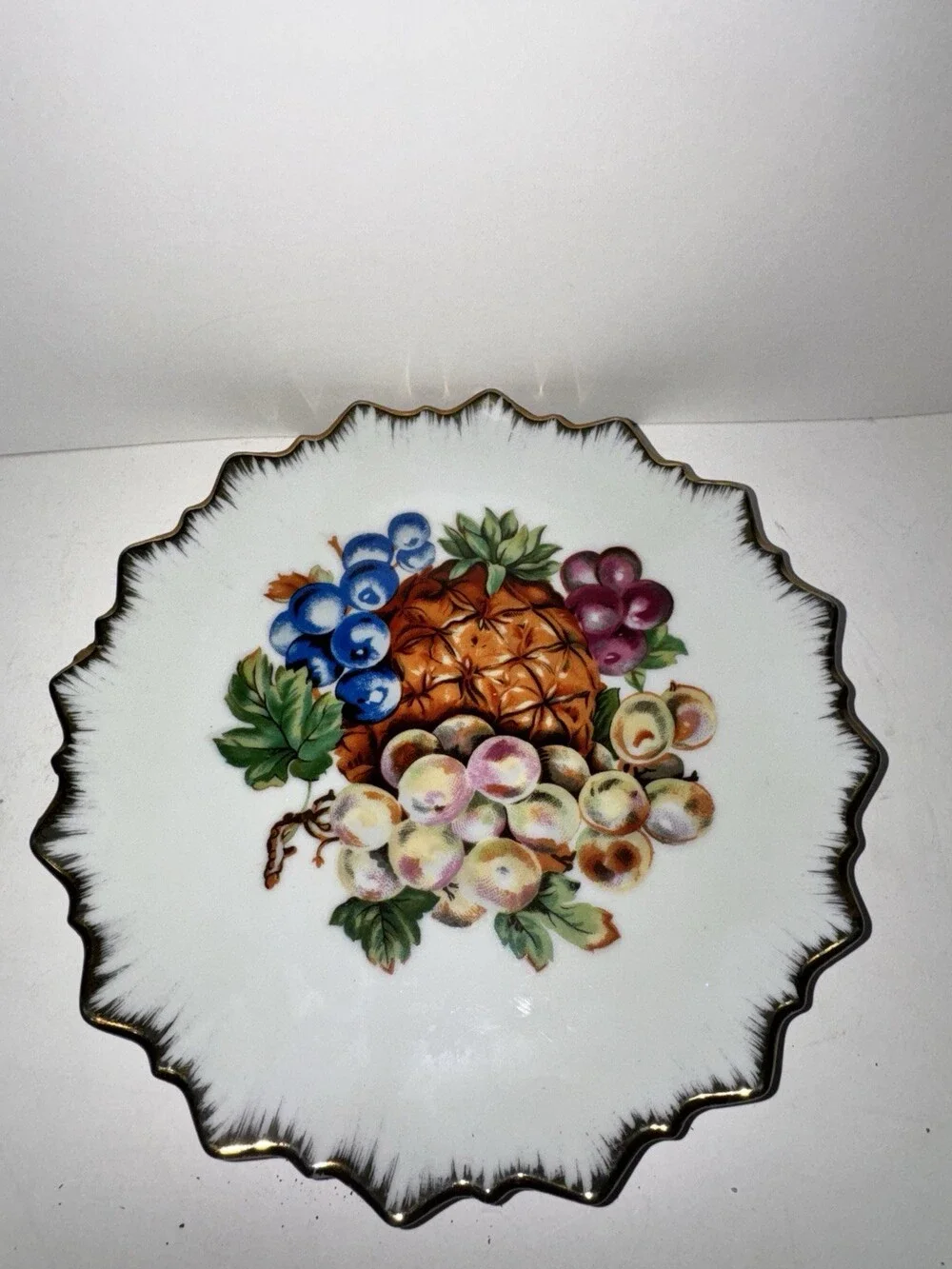 Vintage Japan Porcelain Fruit Plate Gold Trim Scalloped Wall Hanging